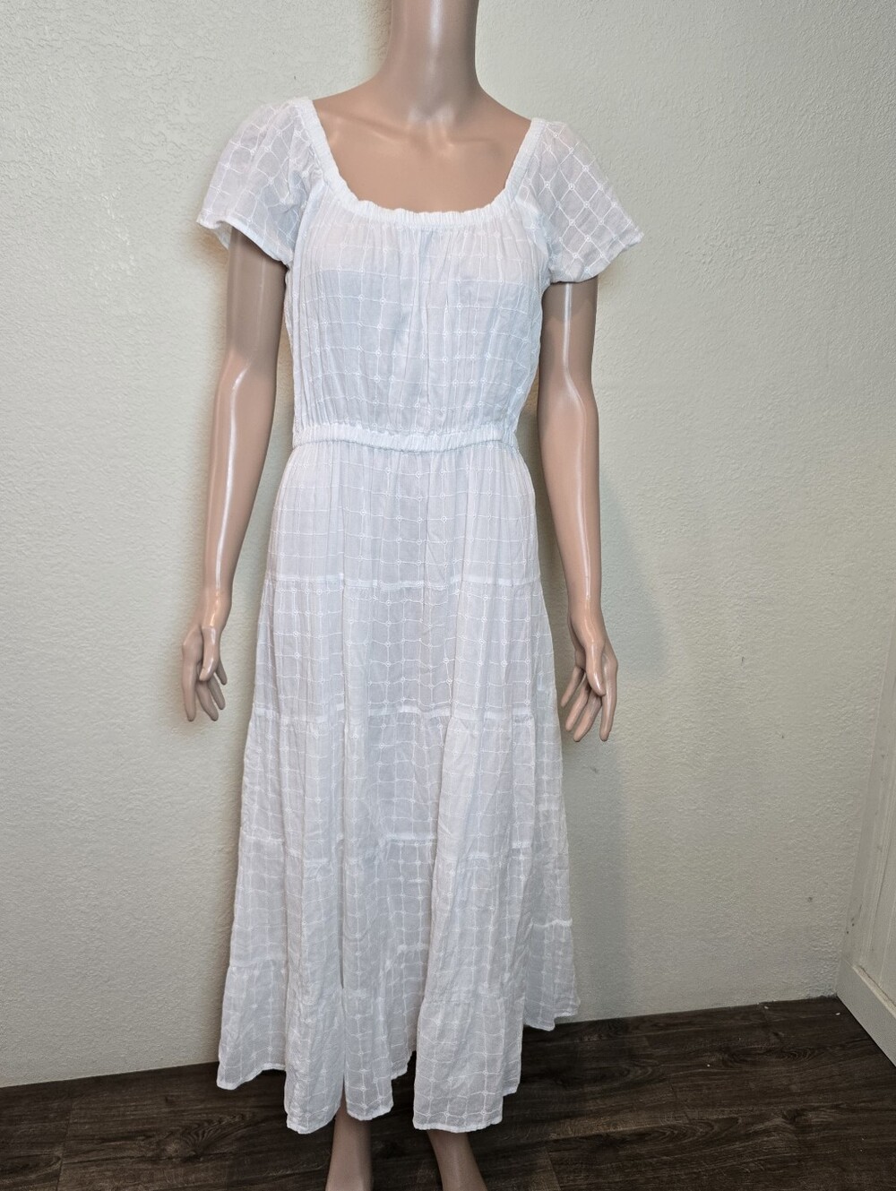 Mango MNG White Puff Sleeve Embroidered Checkered Tiered Midi A-Line Dress Sz 8 - Picture 10 of 16